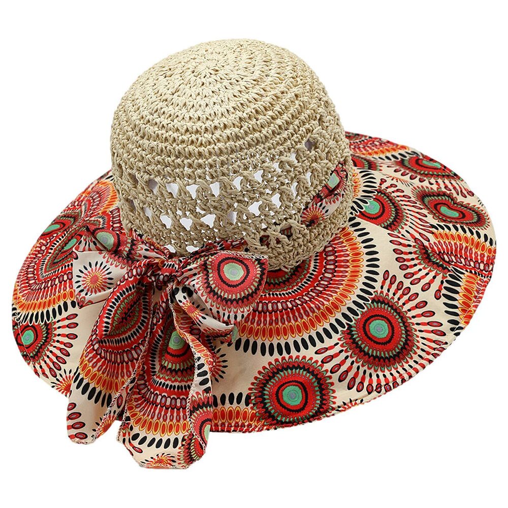 4789 Straw Sun Hat BohemianFloral Floppy Summer Beach Cap with Bow UV